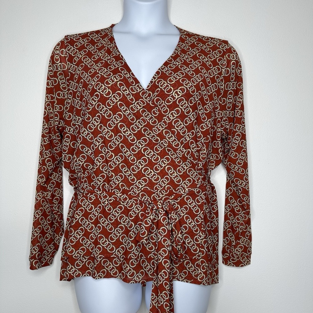 Cabi Wrap Blouse Chain Print Equestrian Mesh Long Sleeve 2XL